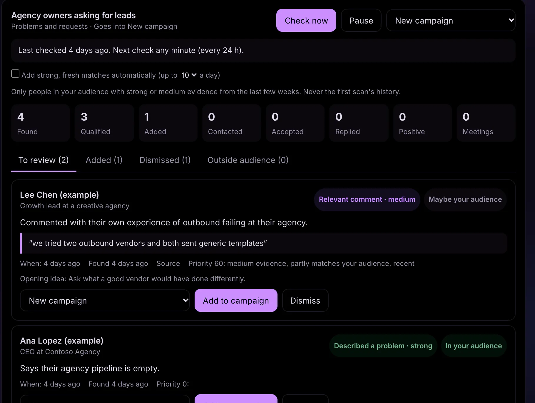 Atlas Signals screen listing people with the quote, source, age and strength of each signal